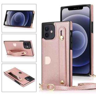 For iPhone 12 mini PU+TPU Shockproof Protective Case with Crossbody Lanyard & Holder & Card Slot & Wrist Strap (Rose Gold)