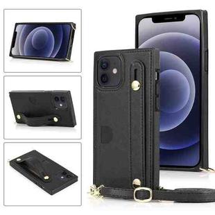 For iPhone 12 mini PU+TPU Shockproof Protective Case with Crossbody Lanyard & Holder & Card Slot & Wrist Strap (Black)