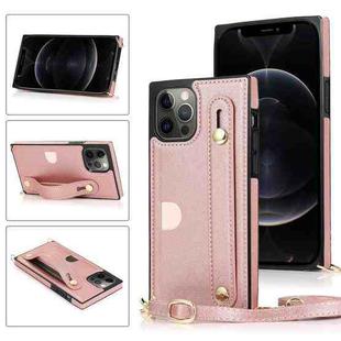 For iPhone 12 / 12 Pro PU+TPU Shockproof Protective Case with Crossbody Lanyard & Holder & Card Slot & Wrist Strap(Rose Gold)