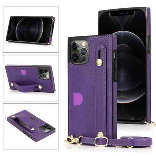 For iPhone 12 / 12 Pro PU+TPU Shockproof Protective Case with Crossbody Lanyard & Holder & Card Slot & Wrist Strap(Purple)