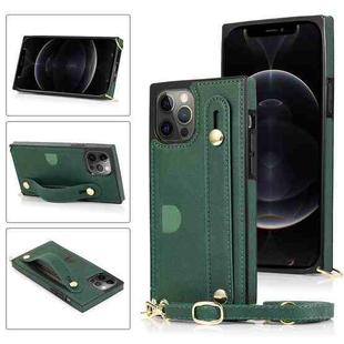 For iPhone 12 Pro Max PU+TPU Shockproof Protective Case with Crossbody Lanyard & Holder & Card Slot & Wrist Strap(Green)