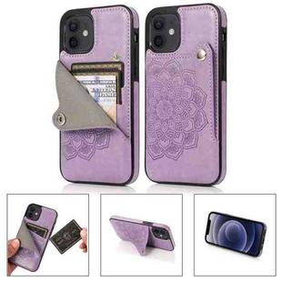 For iPhone 12 mini Mandala Embossed Pattern PU+TPU Protective Case with Card Slots & Holder (Purple)