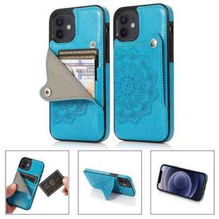 For iPhone 12 mini Mandala Embossed Pattern PU+TPU Protective Case with Card Slots & Holder (Blue)