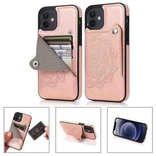 For iPhone 12 mini Mandala Embossed Pattern PU+TPU Protective Case with Card Slots & Holder (Rose Gold)