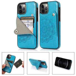 For iPhone 12 / 12 Pro Mandala Embossed Pattern PU+TPU Protective Case with Card Slots & Holder(Blue)