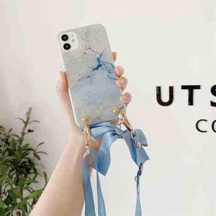 For iPhone 11 Marble Pattern Sequins Ribbon Bow TPU Protective Case with Neck Strap (White)