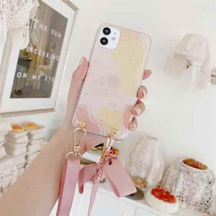 For iPhone 11 Pro Gold Foil Style Dropping Glue Ribbon Bow TPU Protective Case with Neck Strap (Stone)