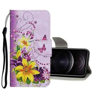 For iPhone 12 / 12 Pro Colored Drawing Pattern Horizontal Flip Leather Case with Holder & Card Slots & Wallet(Yellow Flower Butterfly)