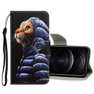 For iPhone 12 / 12 Pro 3D Colored Drawing Horizontal Flip PU Leather Case with Holder & Card Slots & Wallet(Down Jacket Cat)