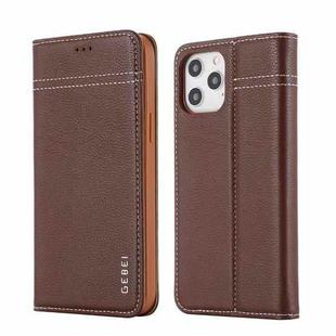 For iPhone 12 / 12 Pro GEBEI Top-grain Leather Horizontal Flip Protective Case with Holder & Card Slots(Brown)