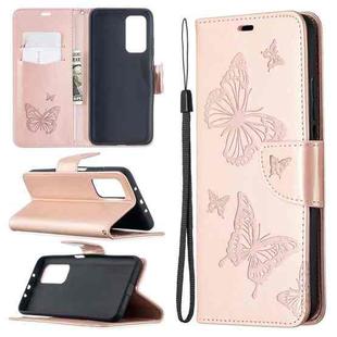 For Xiaomi Mi 10T 5G Two Butterflies Embossing Pattern Horizontal Flip Leather Case with Holder & Card Slot & Wallet & Lanyard(Rose Gold)