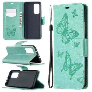 For Xiaomi Mi 10T 5G Two Butterflies Embossing Pattern Horizontal Flip Leather Case with Holder & Card Slot & Wallet & Lanyard(Green)