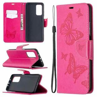 For Xiaomi Mi 10T 5G Two Butterflies Embossing Pattern Horizontal Flip Leather Case with Holder & Card Slot & Wallet & Lanyard(Rose Red)