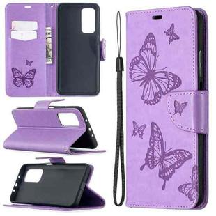 For Xiaomi Mi 10T 5G Two Butterflies Embossing Pattern Horizontal Flip Leather Case with Holder & Card Slot & Wallet & Lanyard(Purple)