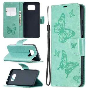 For Xiaomi Poco X3 Two Butterflies Embossing Pattern Horizontal Flip Leather Case with Holder & Card Slot & Wallet & Lanyard(Green)