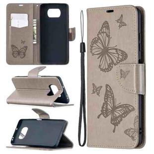 For Xiaomi Poco X3 Two Butterflies Embossing Pattern Horizontal Flip Leather Case with Holder & Card Slot & Wallet & Lanyard(Grey)