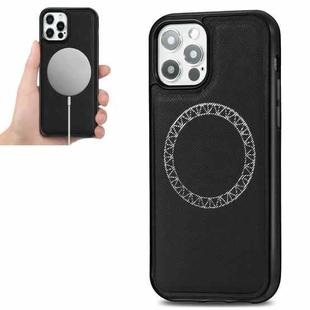 For iPhone 12 / 12 Pro Cross Texture Embossing Magnetic PU + TPU Protective MagSafe Case(Black)