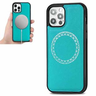 For iPhone 12 Pro Max Cross Texture Embossing Magnetic PU + TPU Protective MagSafe Case(Lake Green)