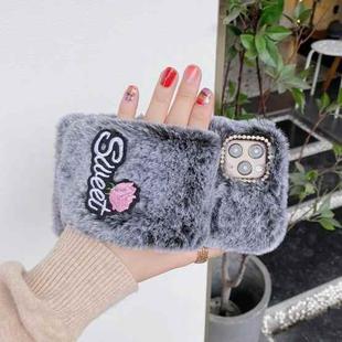 For iPhone 11 Rose Flower Hand Warmer Plush Shockproof TPU Case (Black)
