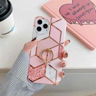 Plating Marble Pattern Soft TPU Protective Case with Ring Holder For iPhone 12 mini(Pink Lattice)