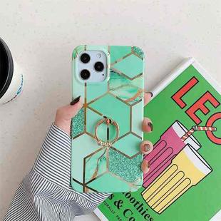 Plating Marble Pattern Soft TPU Protective Case with Ring Holder For iPhone 12 / 12 Pro(Green Lattice)