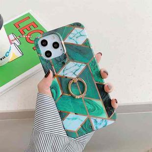 Plating Marble Pattern Soft TPU Protective Case with Ring Holder For iPhone 11 Pro(Dark Green Lattice)