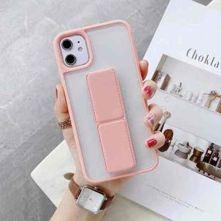 For iPhone 12 mini Transparent Shockproof Matte Protective Case with Wristband & Holder (Pink)