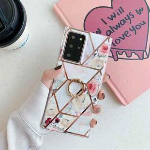 For Samsung Galaxy S20 Electroplating Stitching Pattern Soft TPU Protective Case with Ring Holder(Stitching White Flowers)