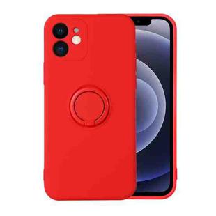 For iPhone 12 mini Solid Color Liquid Silicone Shockproof Full Coverage Protective Case with Ring Holder (Lucky Red)