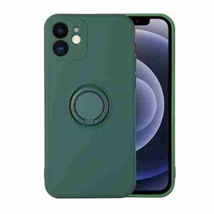 For iPhone 12 Pro Solid Color Liquid Silicone Shockproof Full Coverage Protective Case with Ring Holder(Deep Green)