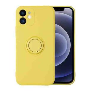 For iPhone 12 Pro Solid Color Liquid Silicone Shockproof Full Coverage Protective Case with Ring Holder(Yellow)