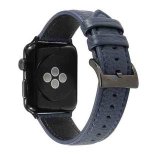 Litchi Texture Genuine Leather Watch Band For Apple Watch Series 7 45mm / 6 & SE & 5 & 4 44mm / 3 & 2 & 1 42mm(Navy Blue)