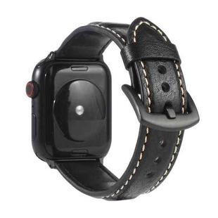 Genuine Leather Watch Band For Apple Watch Series 7 45mm / 6 & SE & 5 & 4 44mm / 3 & 2 & 1 42mm(Black)