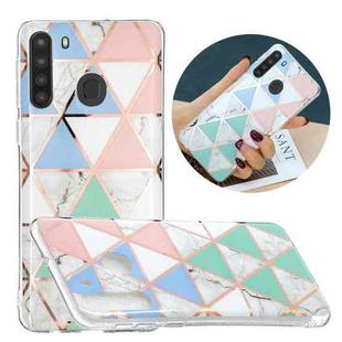For Samsung Galaxy A21 Flat Plating Splicing Gilding Protective Case(Blue White Green Pink Color Matching)