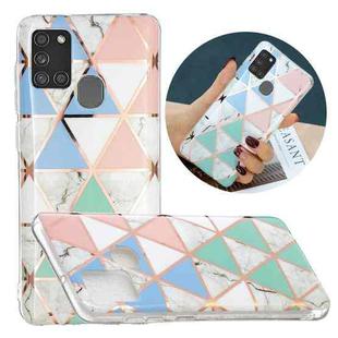 For Samsung Galaxy A21s Flat Plating Splicing Gilding Protective Case(Blue White Green Pink Color Matching)