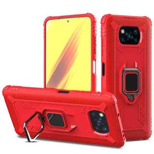For Xiaomi Poco X3 NFC Carbon Fiber Protective Case with 360 Degree Rotating Ring Holder(Red)