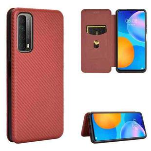 For Huawei P Smart 2021 / Y7A Carbon Fiber Texture Horizontal Flip TPU + PC + PU Leather Case with Card Slot(Brown)
