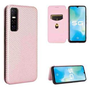 For vivo Y73s Carbon Fiber Texture Horizontal Flip TPU + PC + PU Leather Case with Card Slot(Pink)