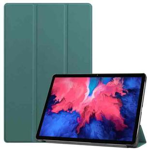 For Lenovo Tab P11 TB-J606F /Tab P11 5G Three-folding Custer Texture Smart Leather Tablet Case(Dark Green)