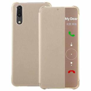 For Huawei P20 Litchi Texture PC + PU Horizontal Flip Case with Smart View Window and Sleep Wake-up Function(Gold)