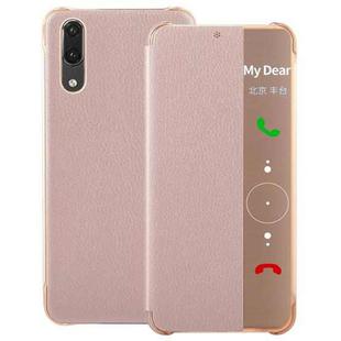 For Huawei P20 Litchi Texture PC + PU Horizontal Flip Case with Smart View Window and Sleep Wake-up Function(Rose Gold)