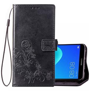 Lucky Clover Pressed Flowers Pattern Leather Case for Huawei Y5 Prime (2018), with Holder & Card Slots & Wallet & Hand Strap (Black)