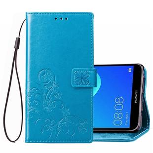 Lucky Clover Pressed Flowers Pattern Leather Case for Huawei Y5 Prime (2018), with Holder & Card Slots & Wallet & Hand Strap (Blue)