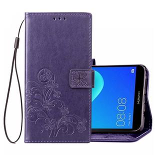 Lucky Clover Pressed Flowers Pattern Leather Case for Huawei Y5 Prime (2018), with Holder & Card Slots & Wallet & Hand Strap (Purple)