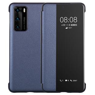 For Huawei P40 PU Leather Horizontal Flip Case, with Smart View Window & Sleep / Wake-up Function (Dark Blue)