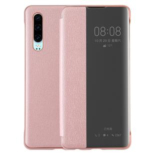Litchi Texture PC + PU Horizontal Flip Case for Huawei P30, with Touch Call Display ID&Sleep/Wake-up Function (Pink)