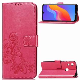 Lucky Clover Pressed Flowers Pattern Leather Case for Huawei Honor 8A, with Holder & Card Slots & Wallet & Hand Strap (Rose Red)