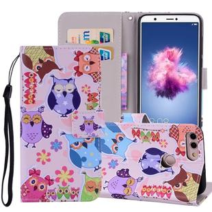 Colored Owl Pattern Colored Drawing Horizontal Flip Leather Case for Huawei P Smart / Enjoy 7S, with Holder & Card Slots & Wallet & Lanyard