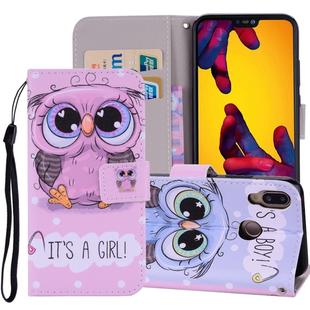 Cute Owl Pattern Colored Drawing Horizontal Flip Leather Case for Huawei P20 Lite, with Holder & Card Slots & Wallet & Lanyard