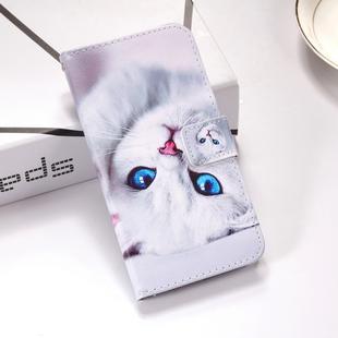 White Cat Pattern Colored Drawing Horizontal Flip Leather Case for Huawei P30, with Holder & Card Slots & Wallet & Lanyard